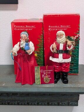 Clothtiques Possible Dreams Ornaments 1993 Santa and  Mrs Santa Figurines w Box